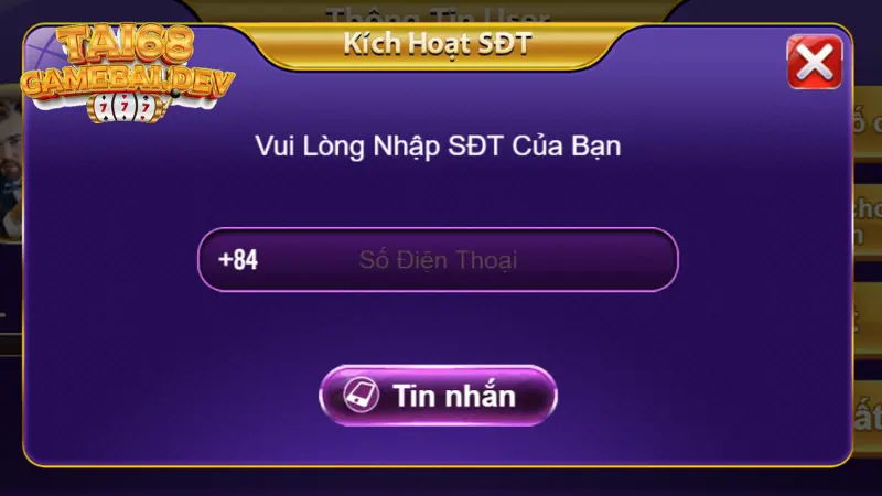 Bước 1: Nhập số điện thoại để đăng ký tài khoản tại 68 Game bài